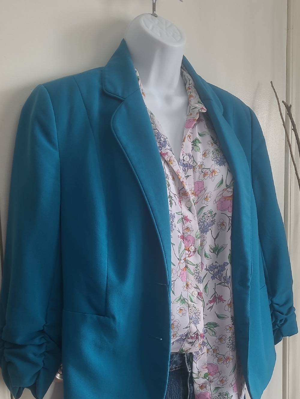 Suzy Shier Teal Blazer with Ruched Sleeves